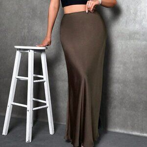 Brown Casual Womens Solid Maxi Satin Skirt